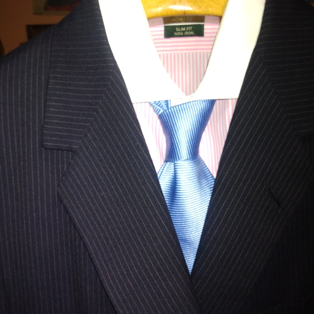 Oxxford Men's Chalk Navy Pinstripe 2Btn/1Vents Suit Size 44T W40/Ins31